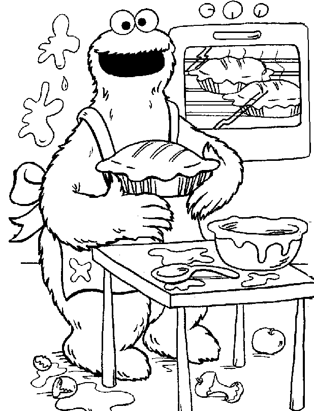 Cookie Monster Baking Pies Coloring Page