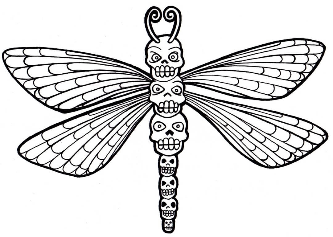 Cool Skull Dragonfly Coloring Page