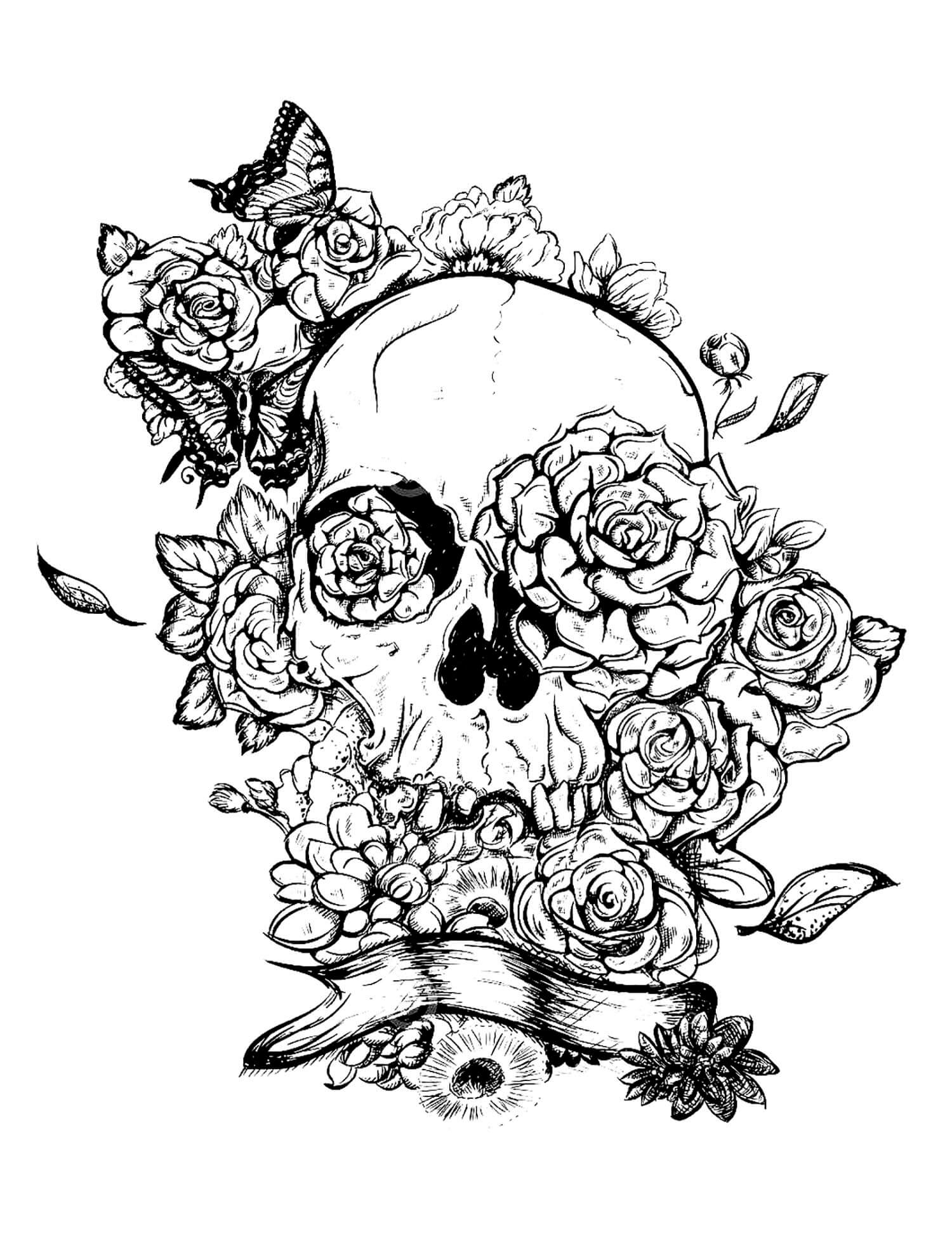 Cool Skull And Roses Coloring Page