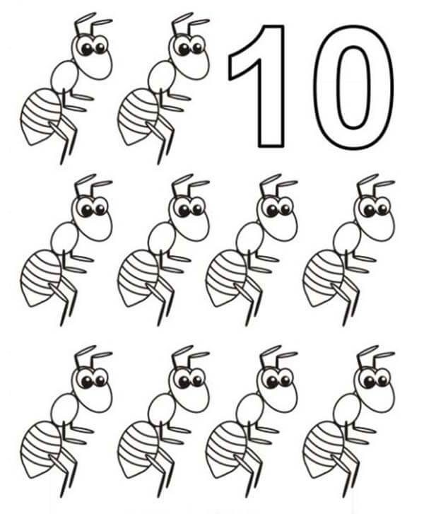 Count 10 Ants Coloring Page for Kids