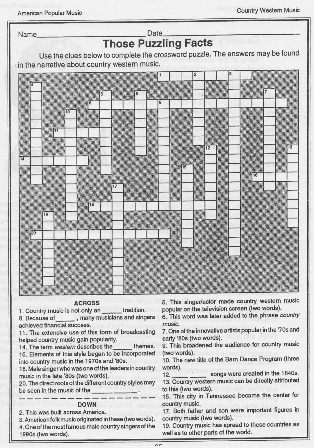 Country Western Music Crossword Puzzle