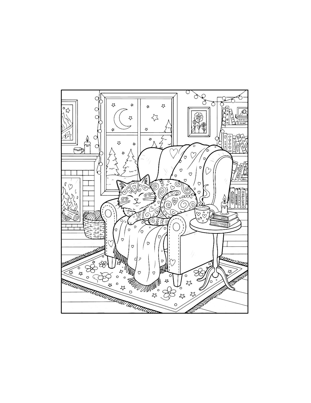 Cozy Cat In The Living Room Coloring Page
