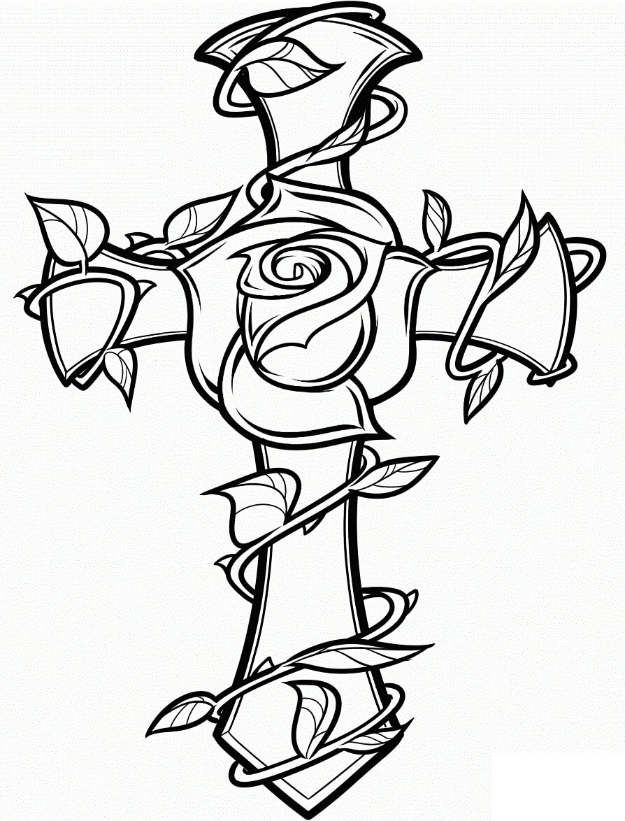 Cross With Rose Coloring Page