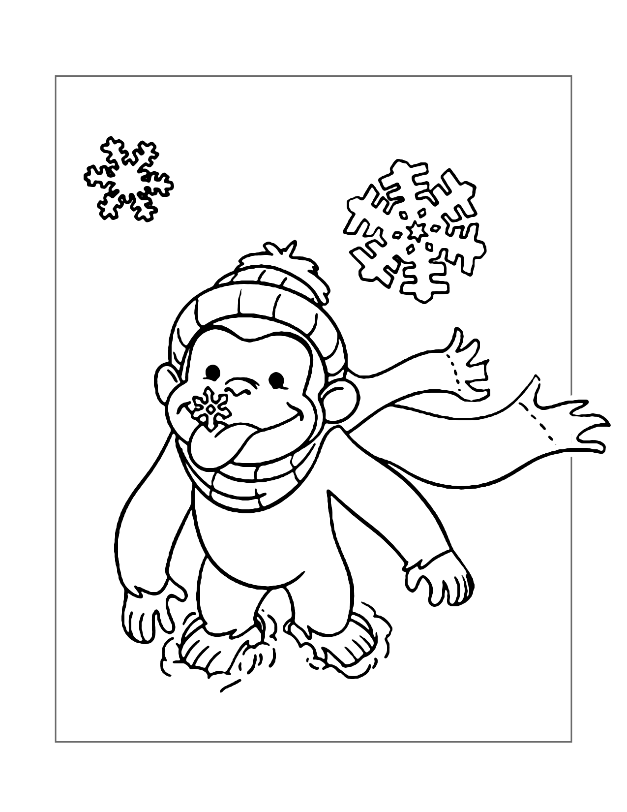 Curious George Catching Snowflakes Coloring Page