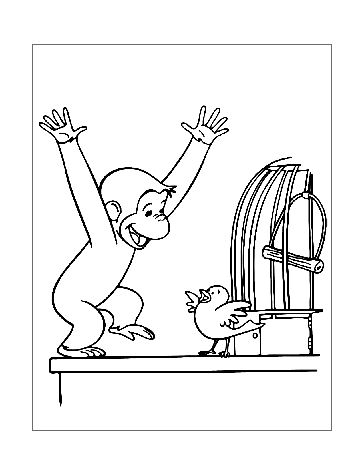 Curious George Dancing With A Bird Coloring Page