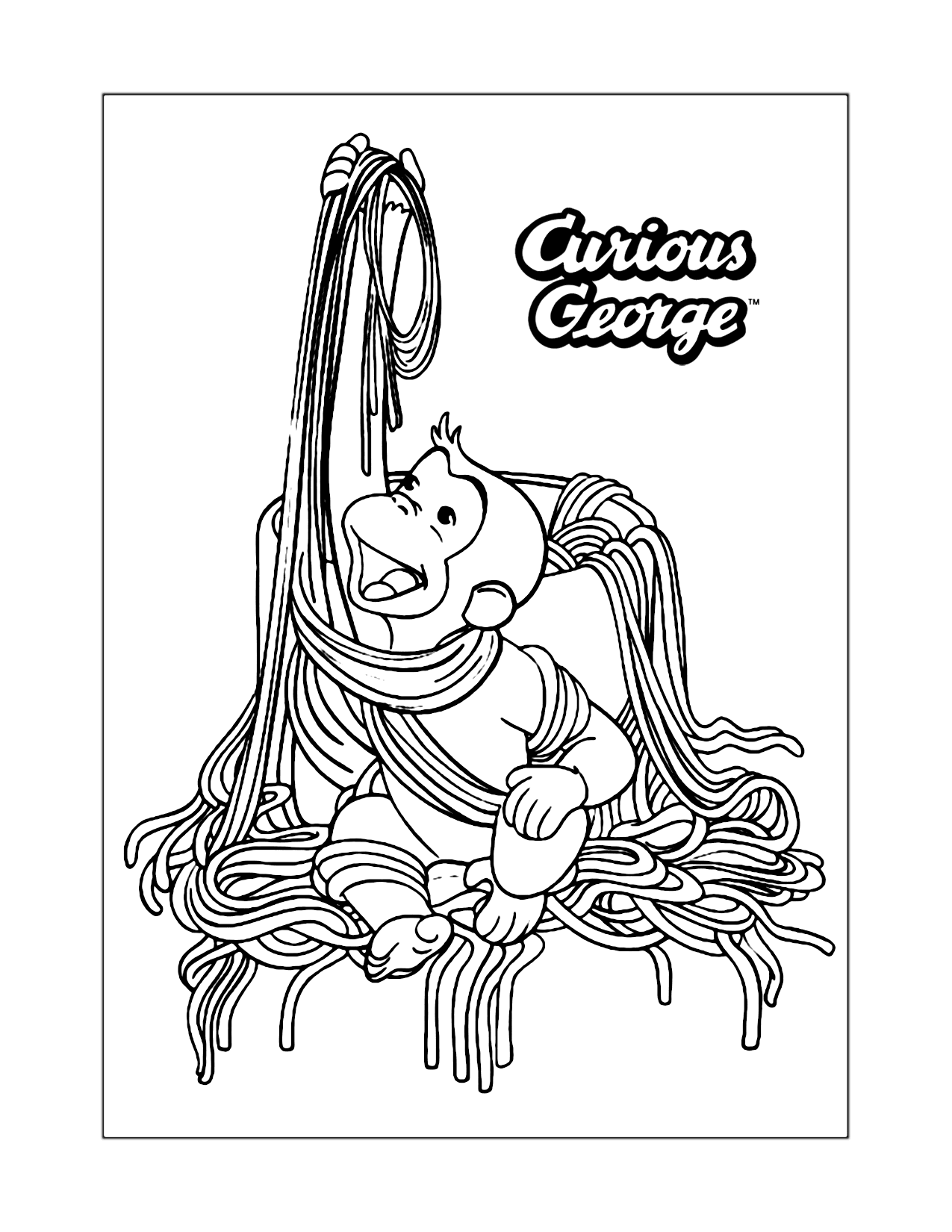 Curious George Eating Spaghetti Coloring Page
