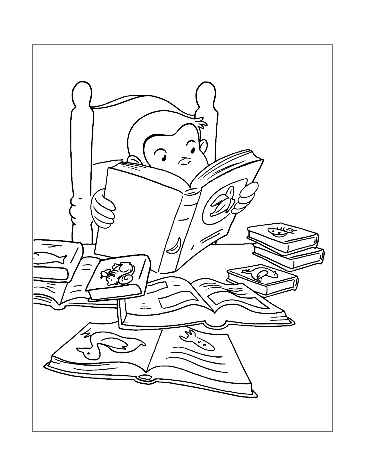 Curious George Reading Books Coloring Page