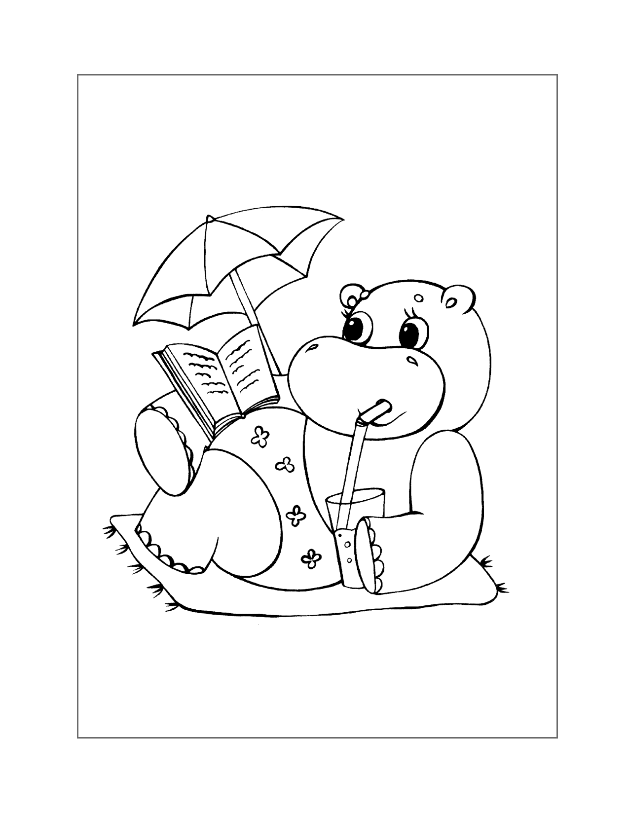 Cute Cartoon Hippo Reading On The Beach Coloring Page