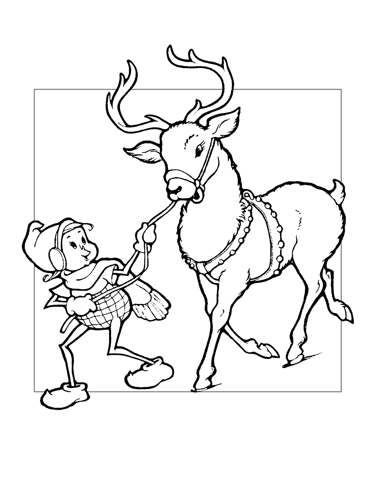 Cute Christmas Elf And Reindeer Coloring Page
