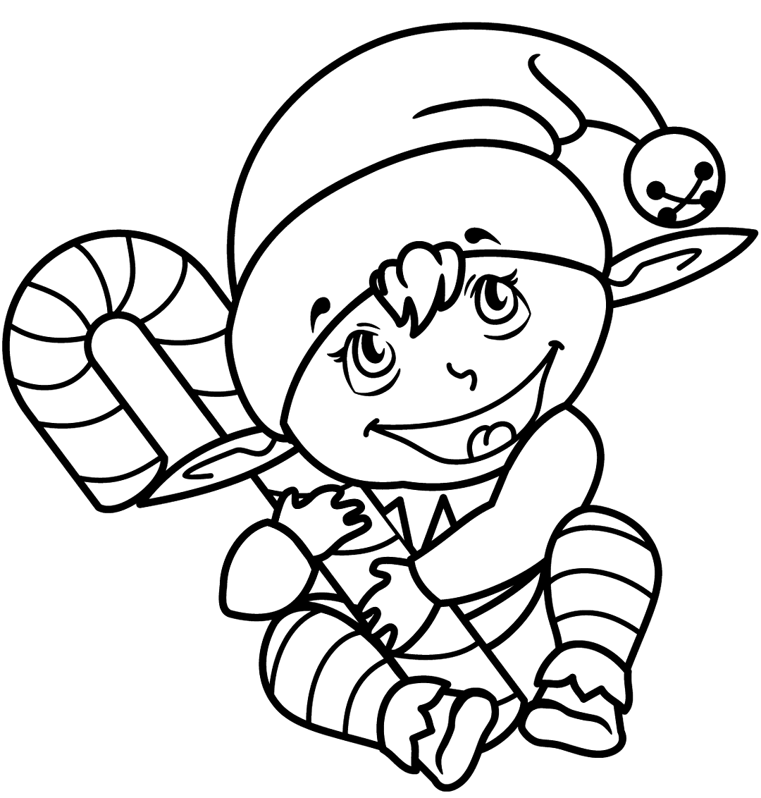 Cute Christmas Elf With Candy Cane Coloring Page