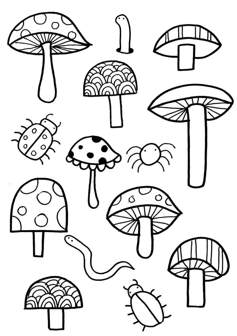 Cute Garden Mushrooms Coloring Page
