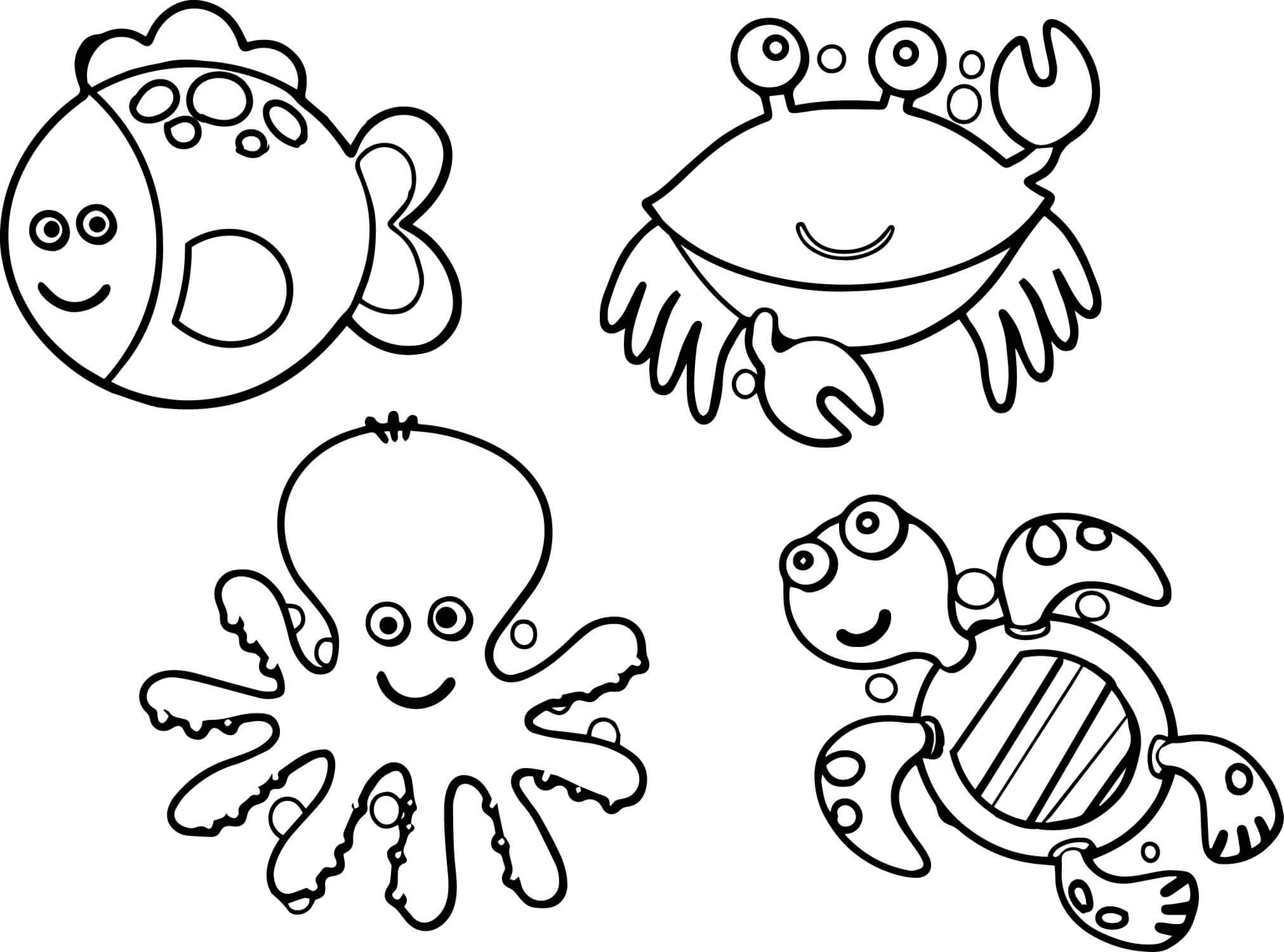 Cute Sea Animals Coloring Page for Kids