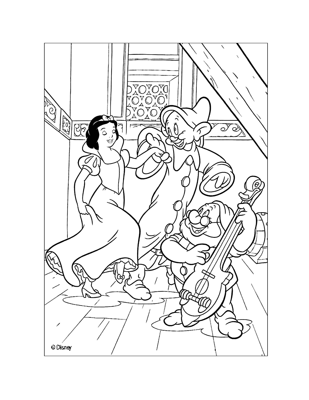 Cute Snow White And The Dwarfs Dancing Coloring Page