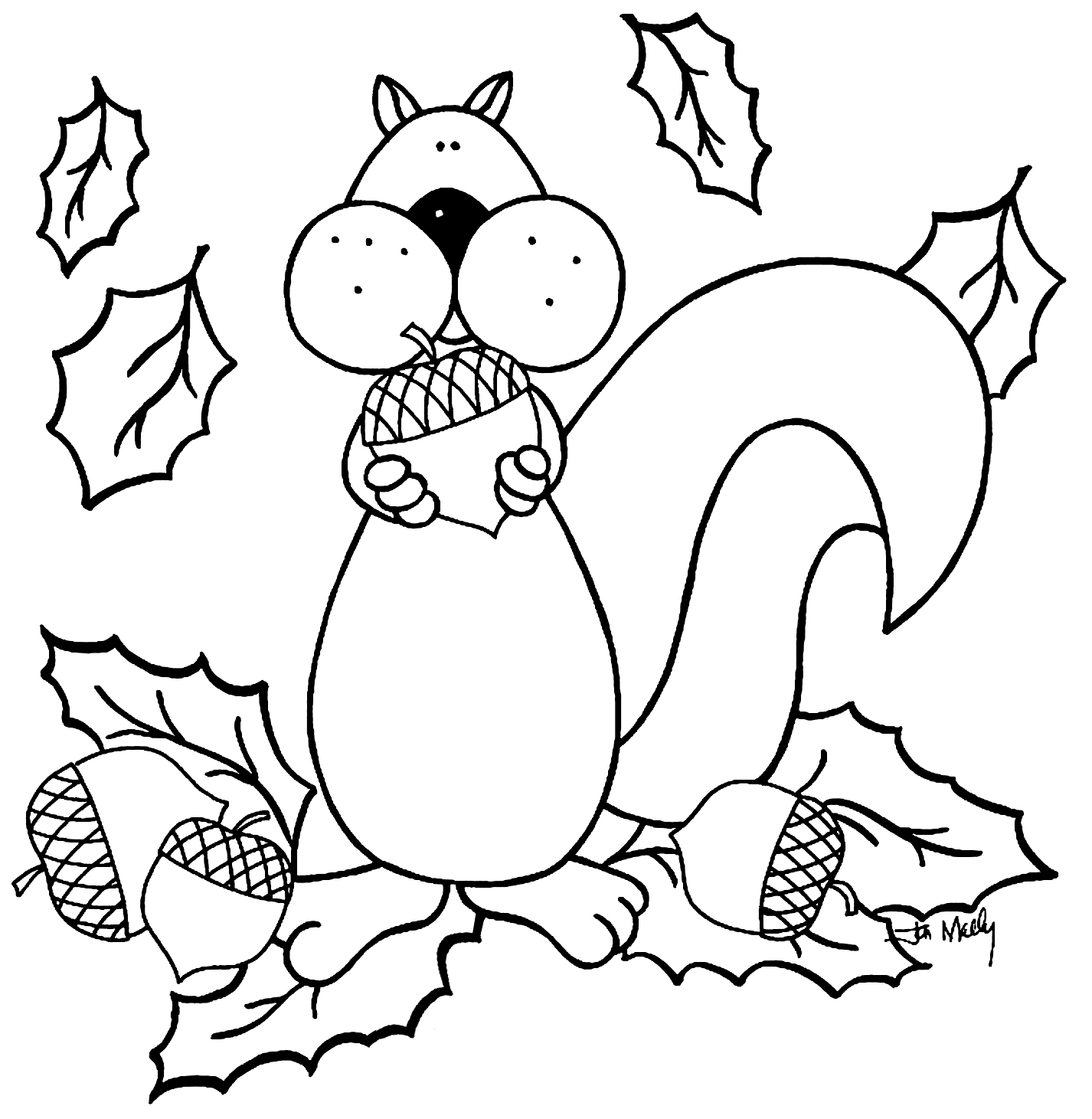 Cute Squirrel Collecting Acorns Coloring Page