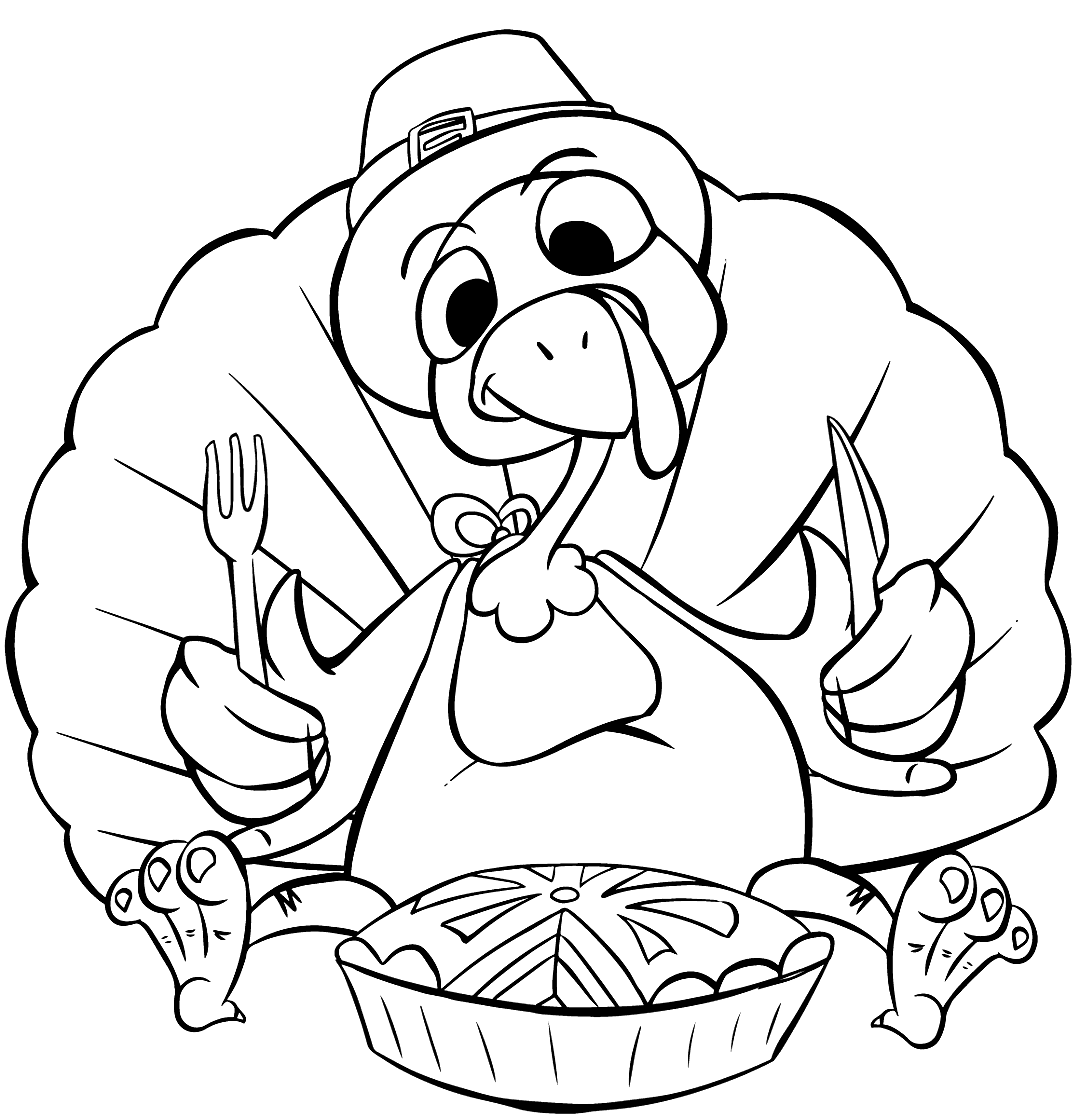 Cute Thanksgiving Turkey Eating Pie Coloring Page