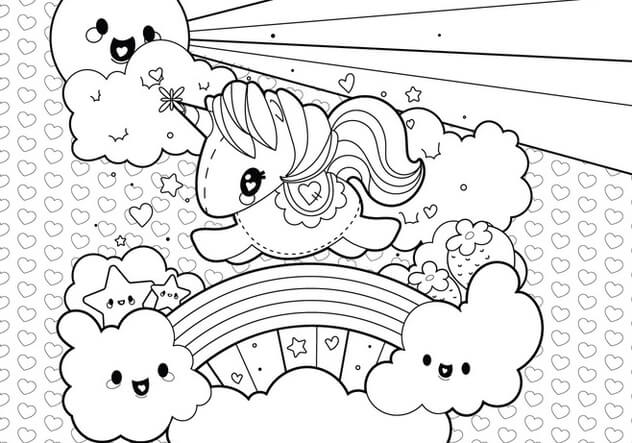 Cute Unicorn Clouds And Rainbow Coloring Page