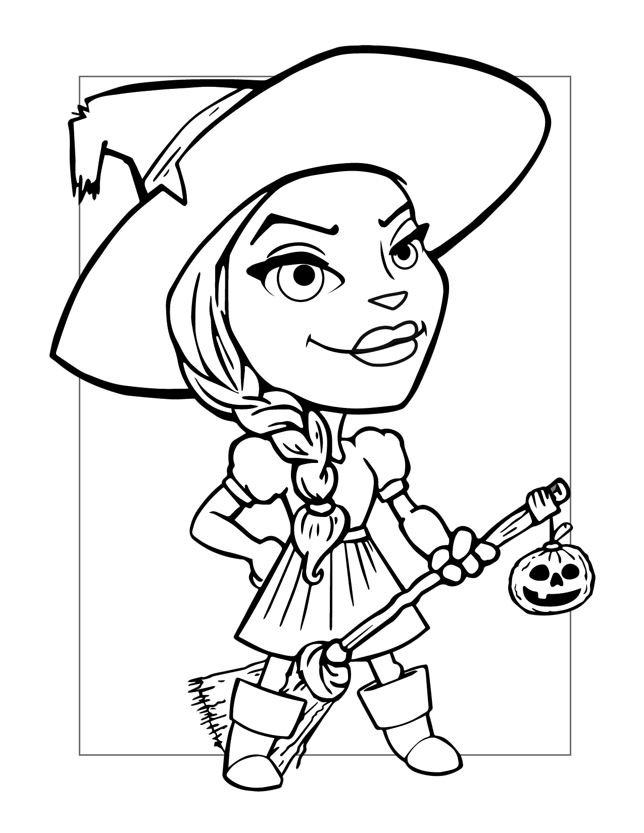 Cute Witch Girl With Broom Coloring Page