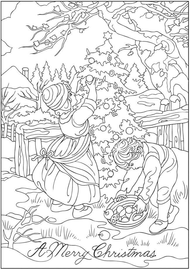 Decorating Christmas Tree Coloring Page for Adults