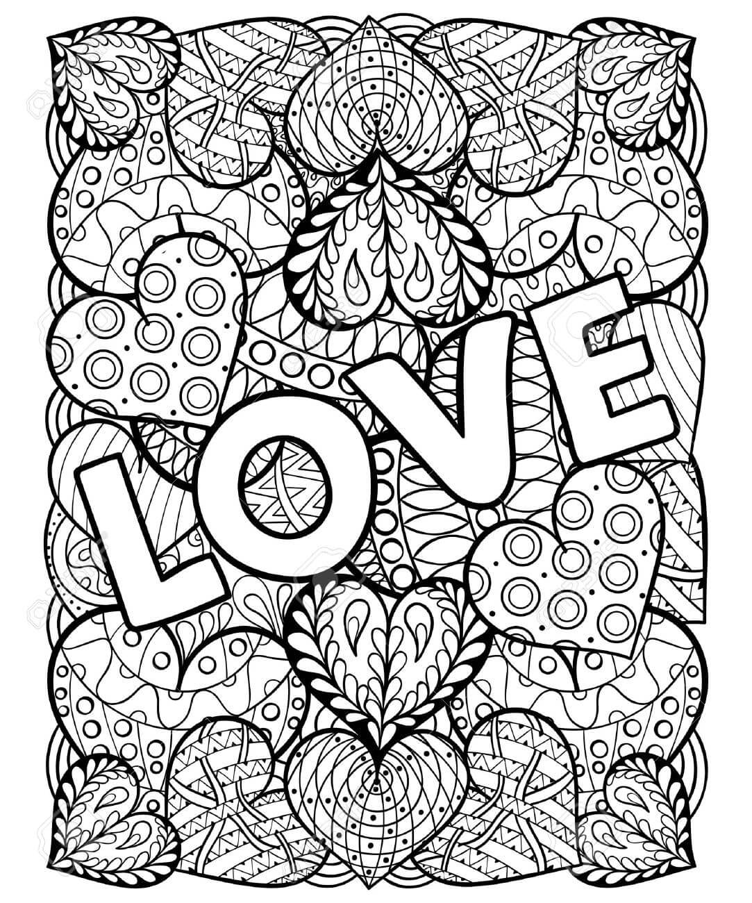 Detailed Love and Hearts Coloring Page for Adults