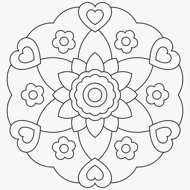 Easy Flower and Hearts Mandala Coloring Pages