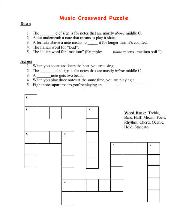 Easy Music Crossword Puzzle