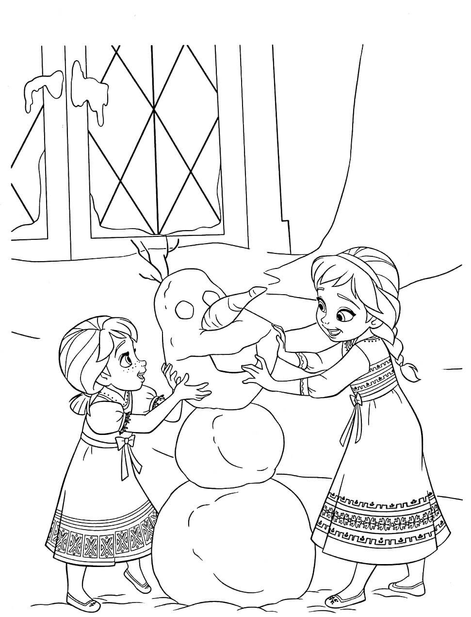 Elsa And Anna Build A Snowman Coloring Page