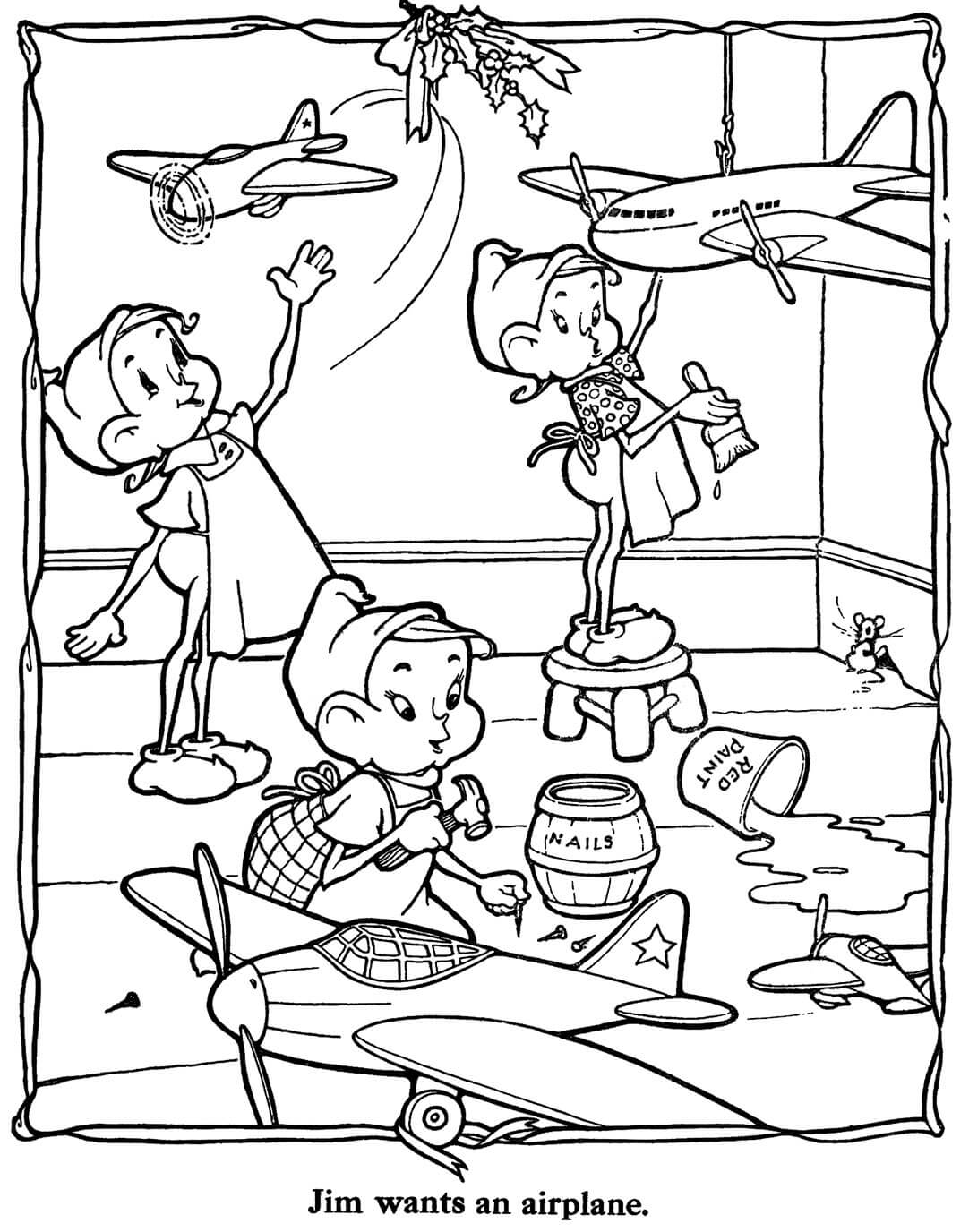 Elves Building Airplanes Coloring Pages