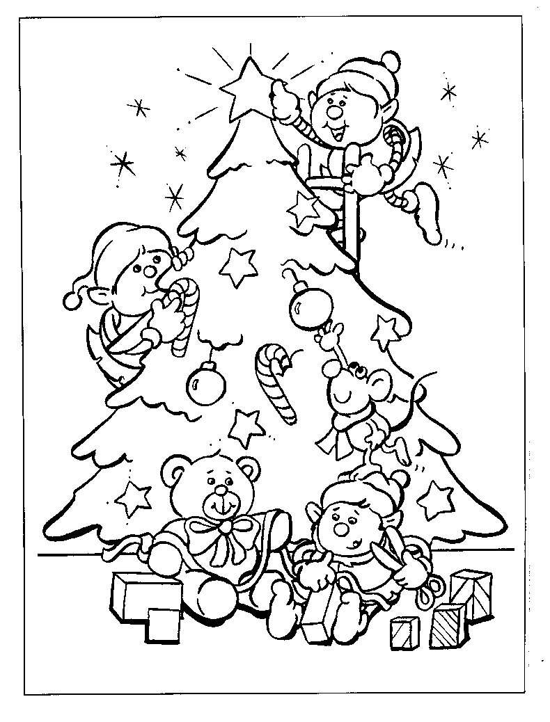 Elves Decorating for Christmas Coloring Page