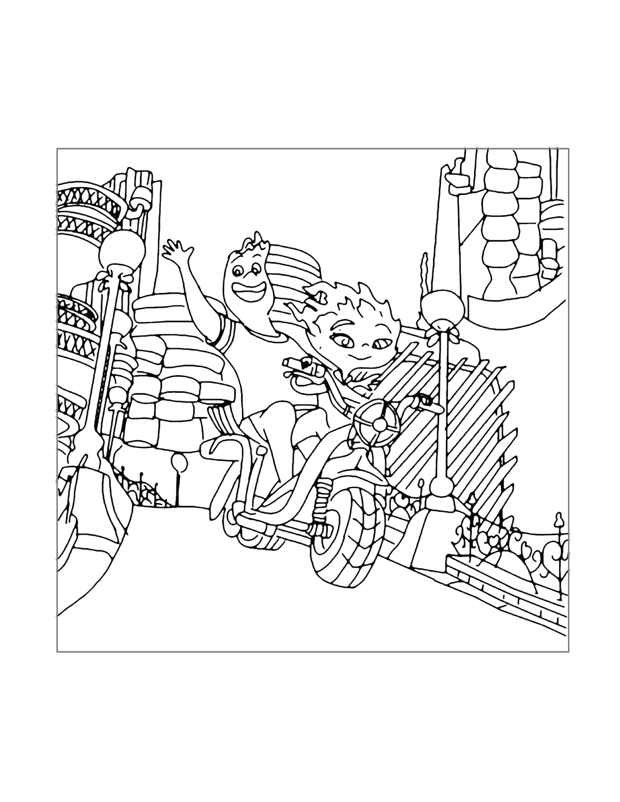 Ember And Wade Riding Motorbike Elemental Coloring Pages