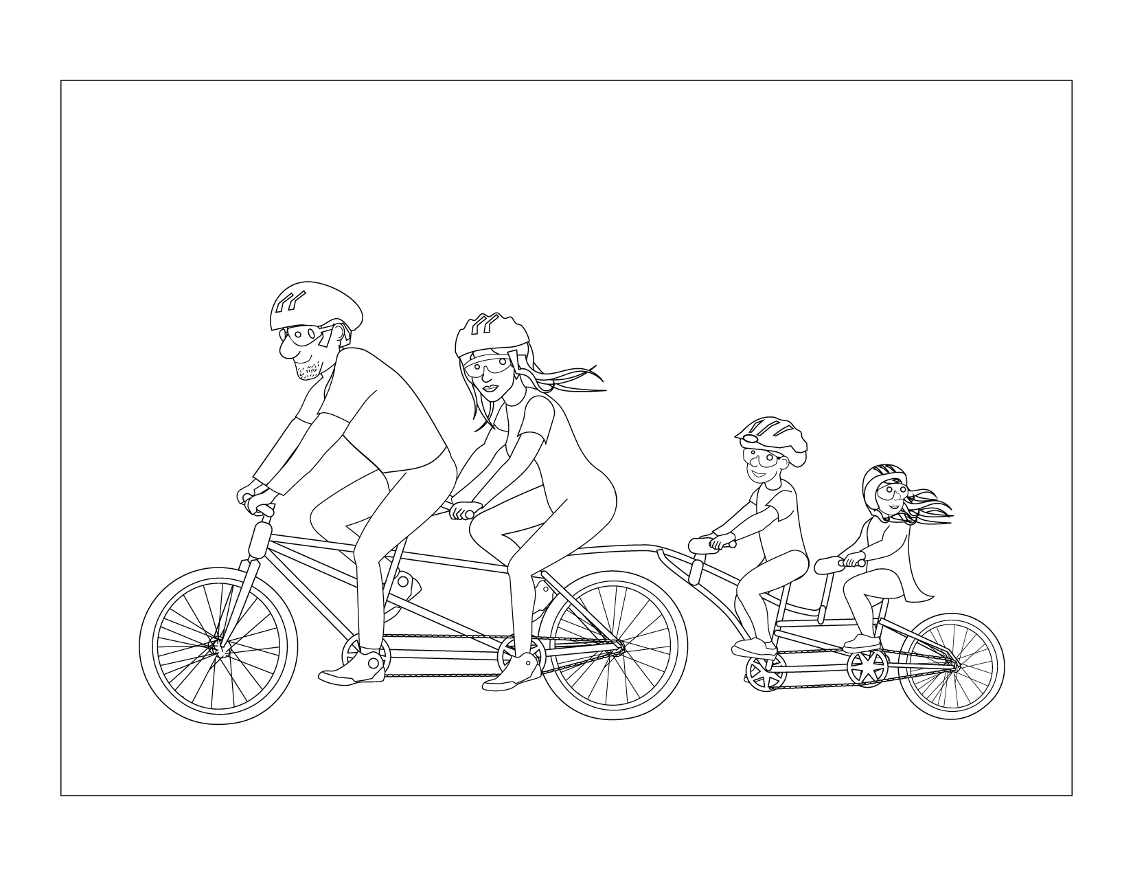 Family On Tandem Bike Coloring Page