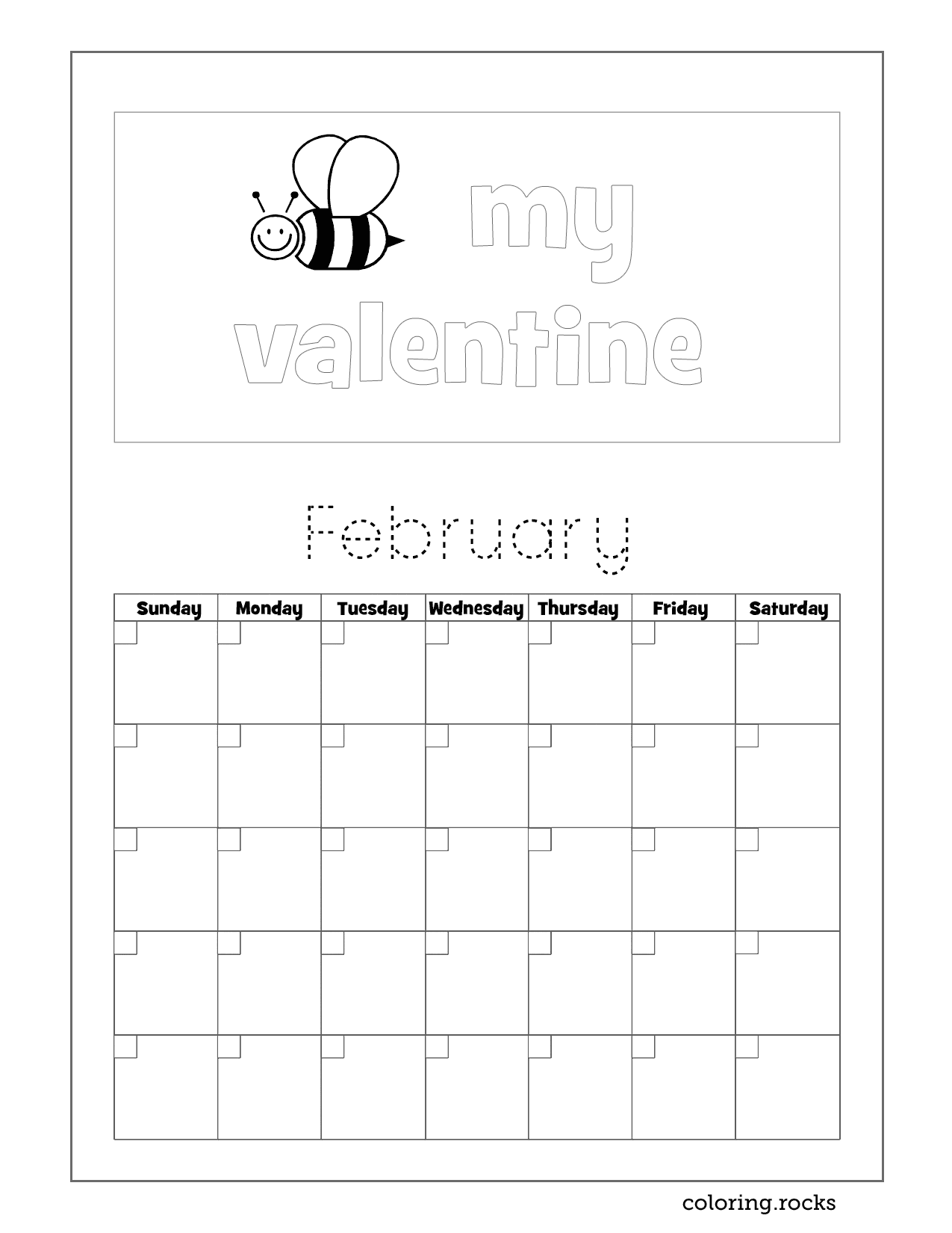 February Calendar Coloring Printable