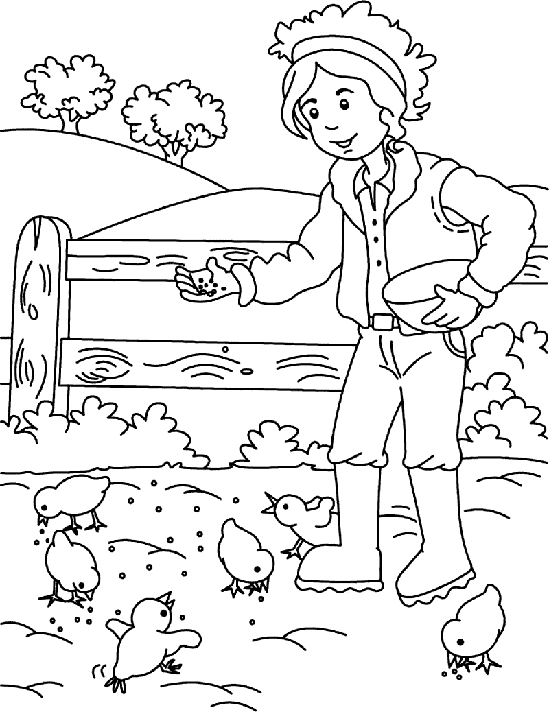 Feeding Farm Chickens Coloring Page