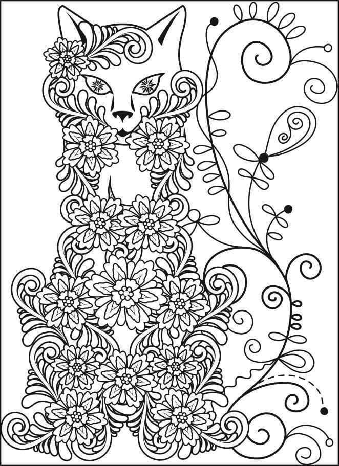Flower Cat Coloring Page For Adults