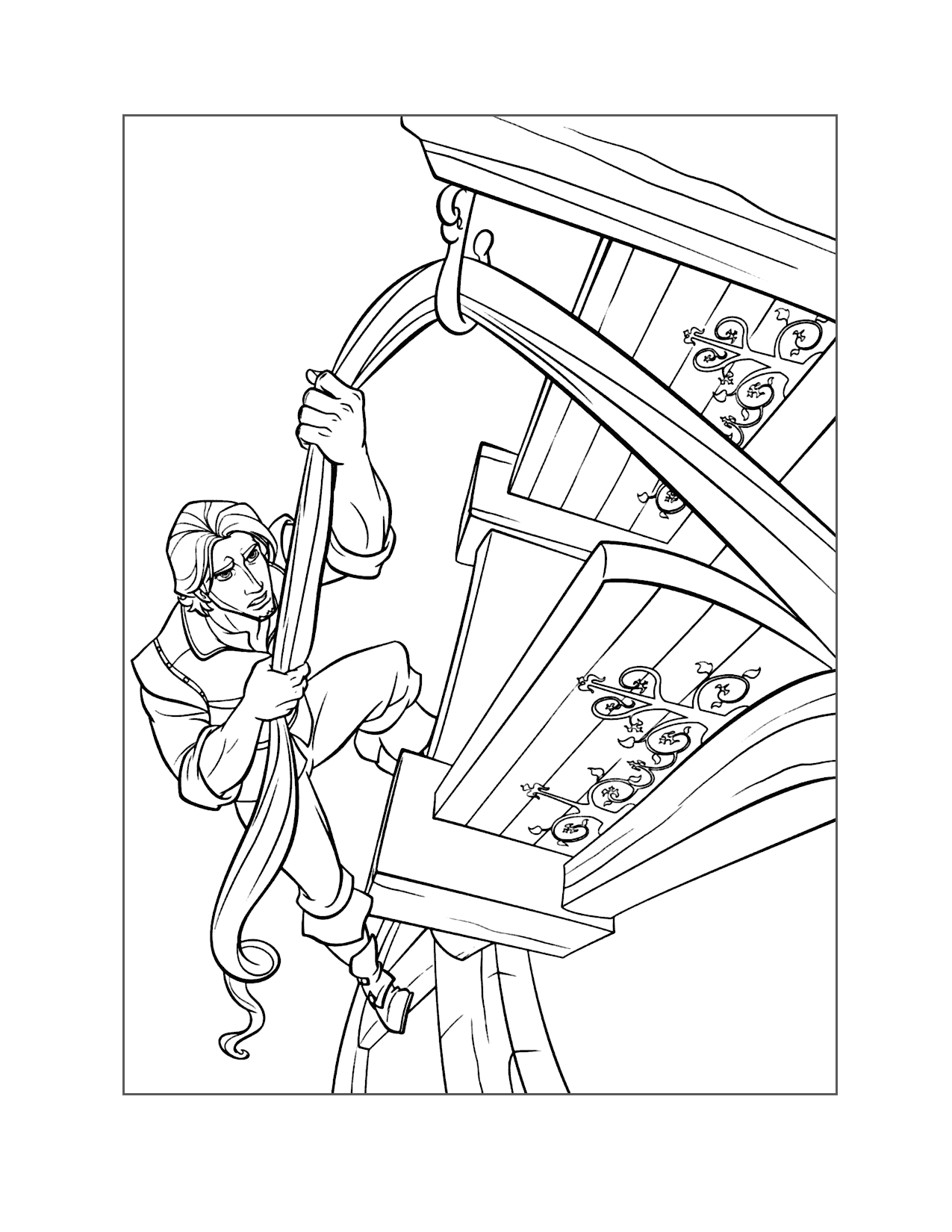 Flynn Climbs Rapunzels Hair Coloring Page