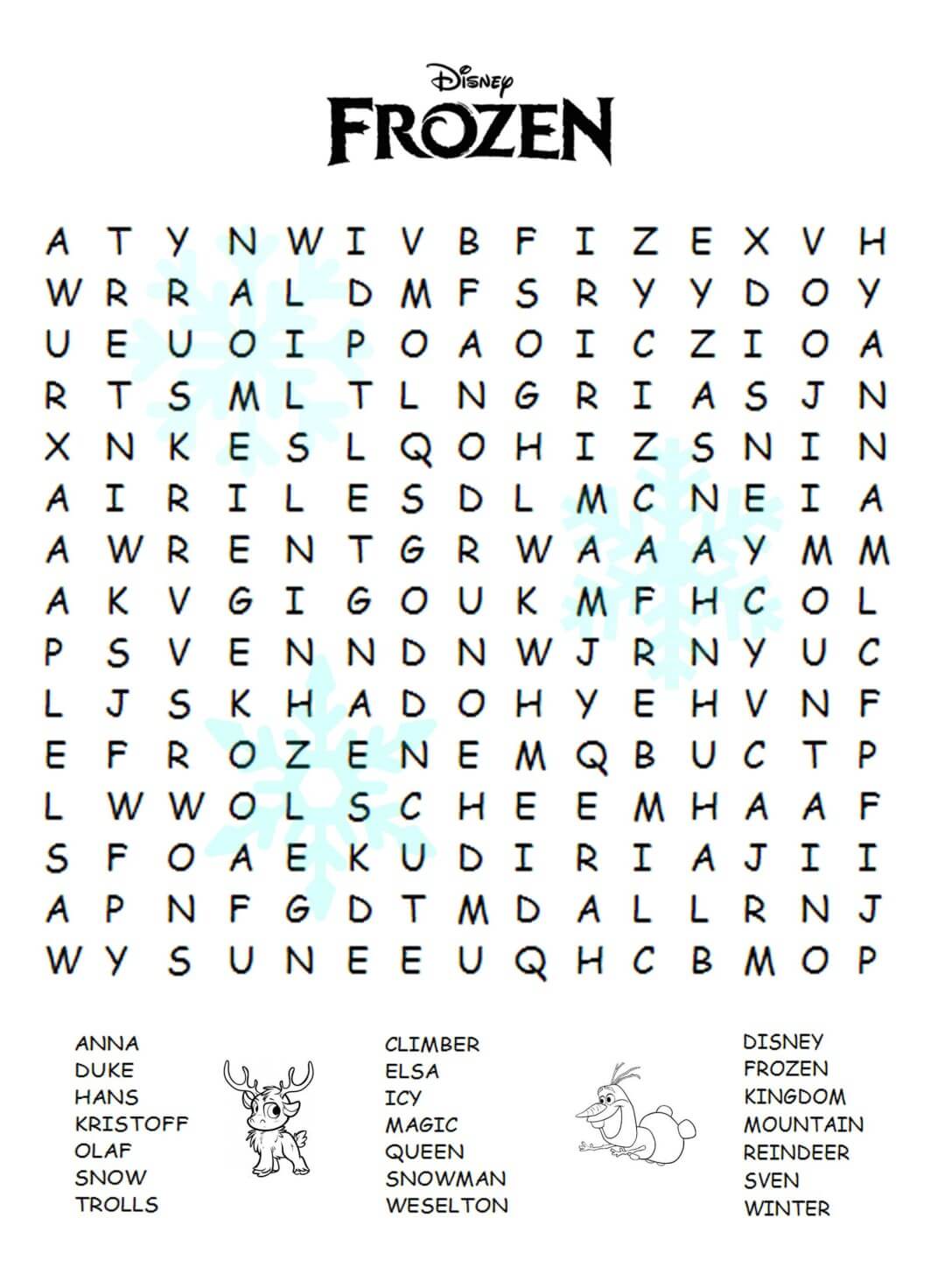 Frozen Word Search for Kids