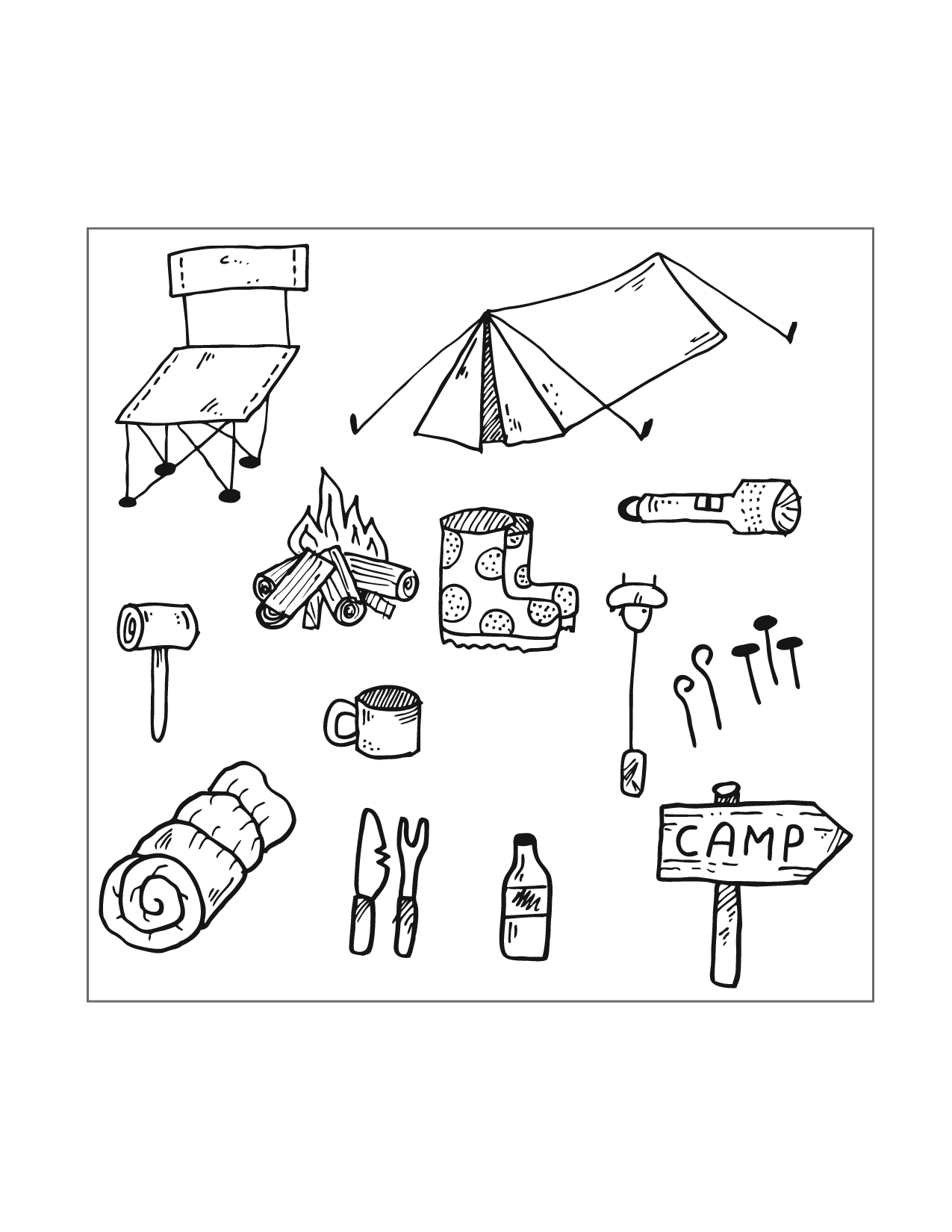 Fun Camping Icons 2 Coloring Page