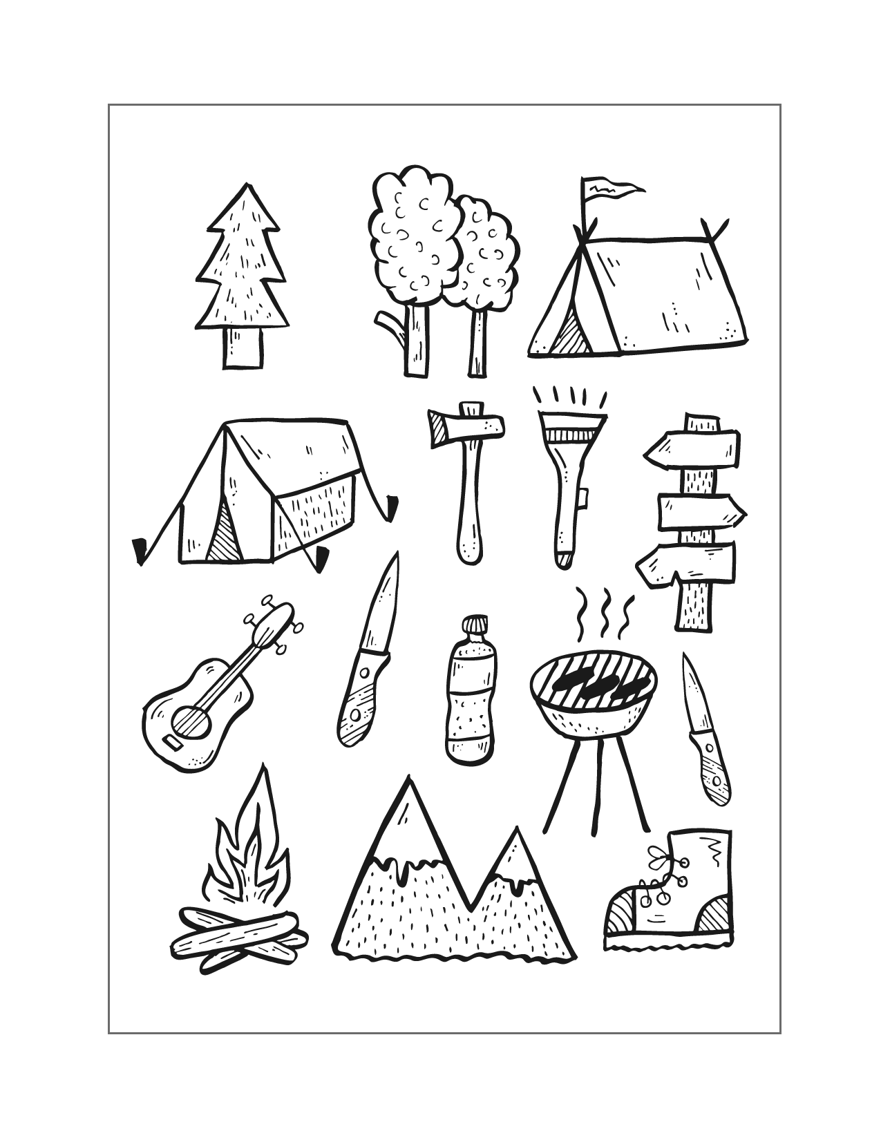 Fun Camping Icons Coloring Page