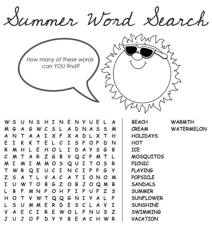 Fun Summer Word Search Puzzle