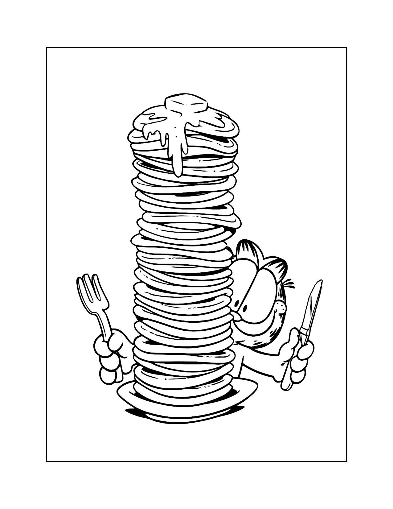 Garfield With A Huge Stack Of Pancakes Coloring Page