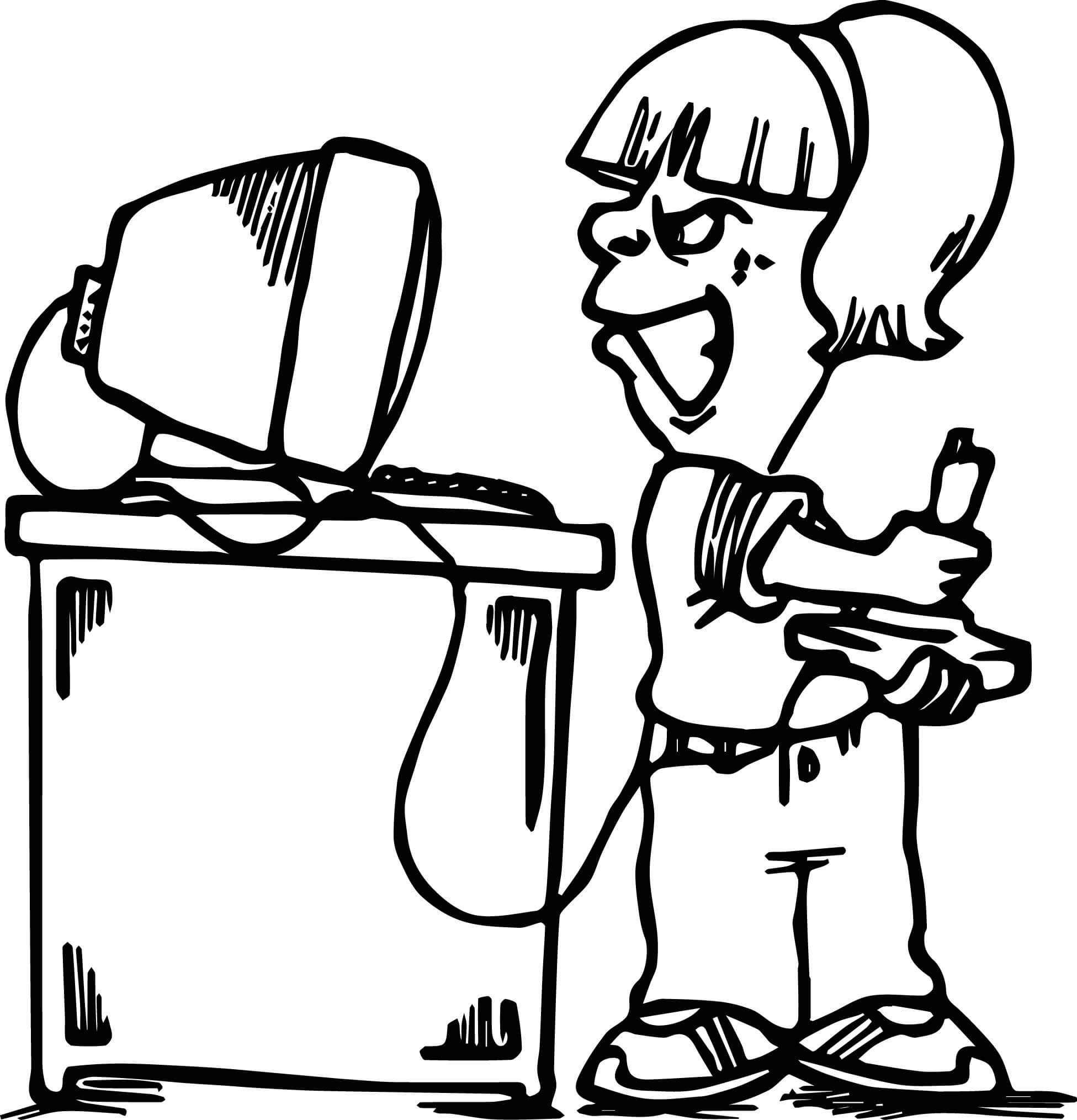 Girl Playing Computer Game with Joystick Coloring Page