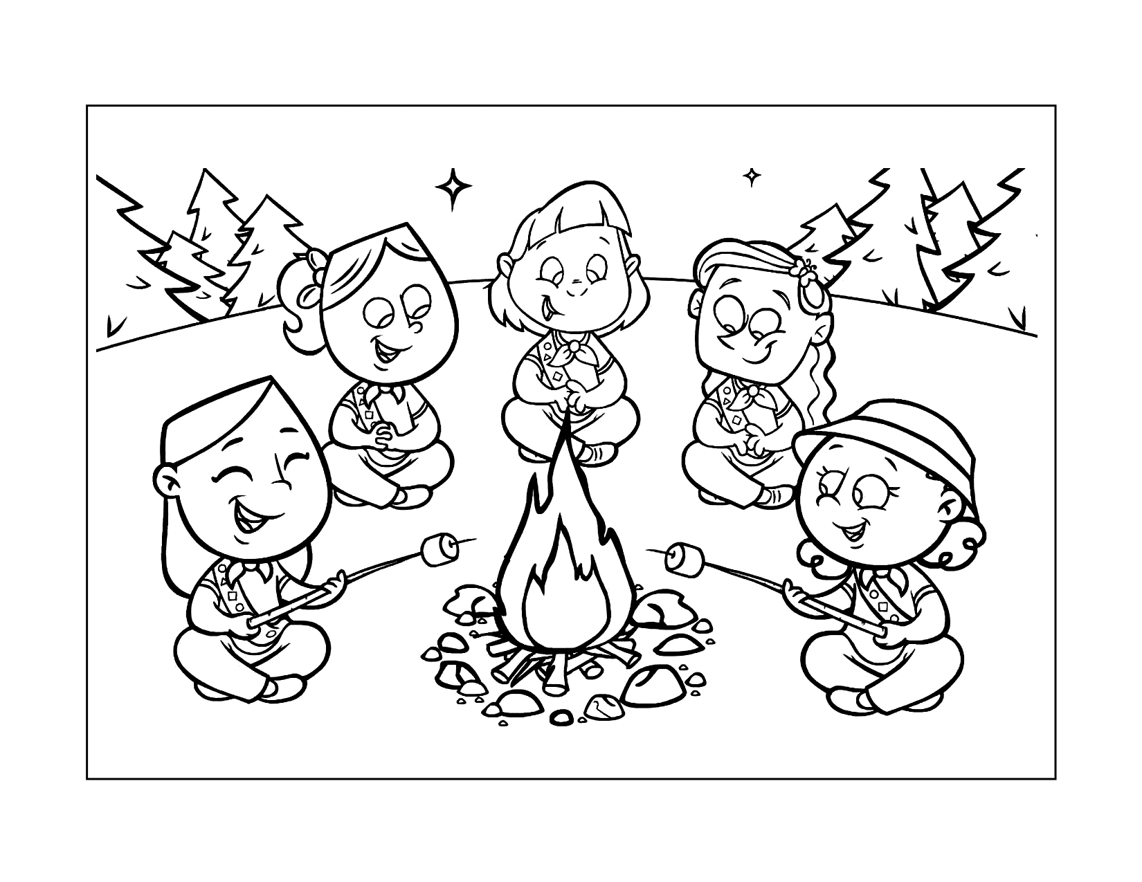 Girl Scouts Around The Campfire Coloring Page