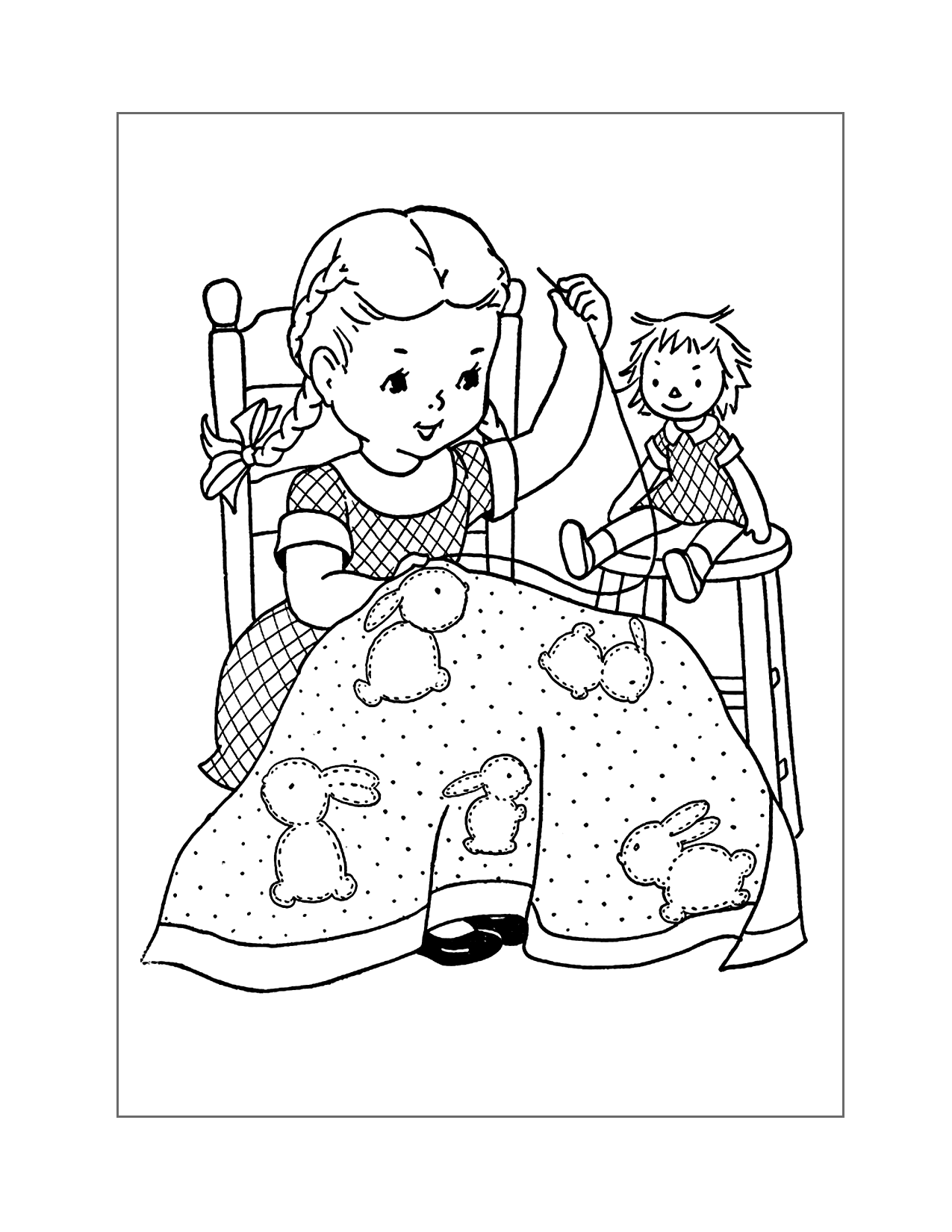 Girl Sewing A Cute Quilt Coloring Page