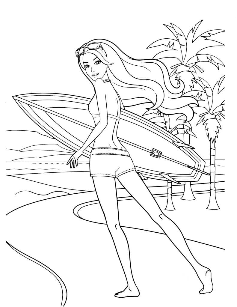 Girl Surfer Barbie Beach Coloring Page