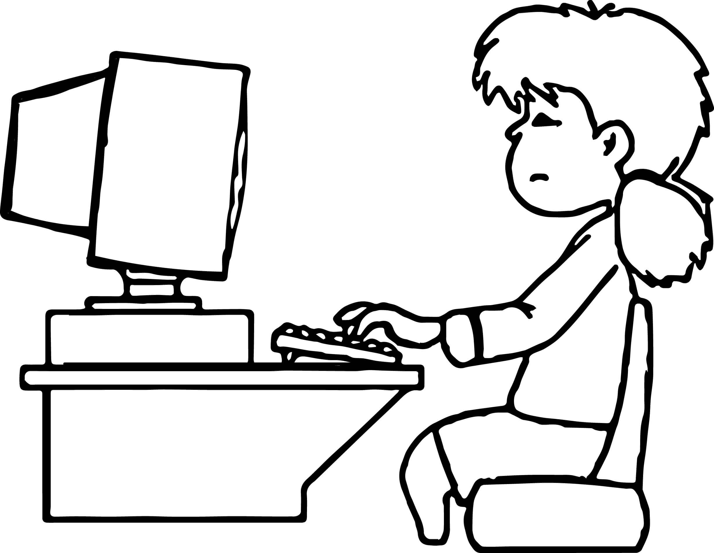 Girl Working on Computer Coloring Page