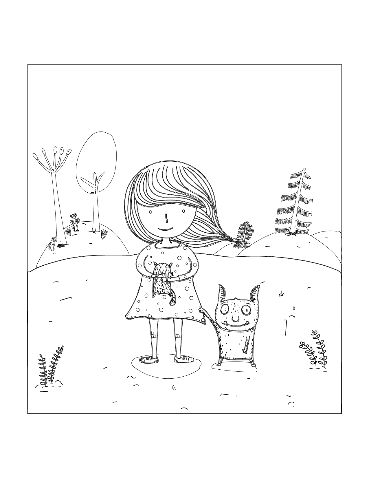 Girl And Animal Friends Coloring Page