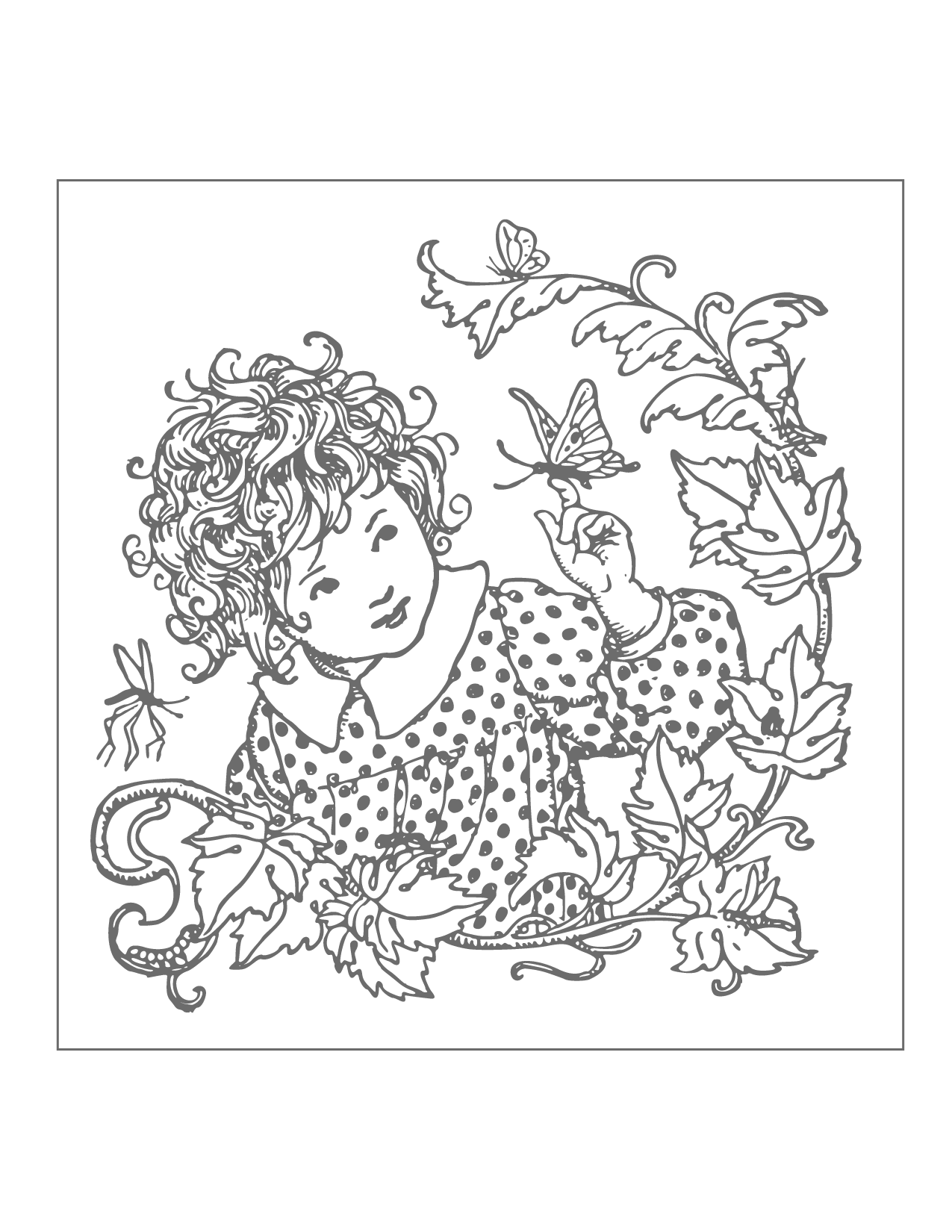Girl With Butterfly Coloring Tracing Page