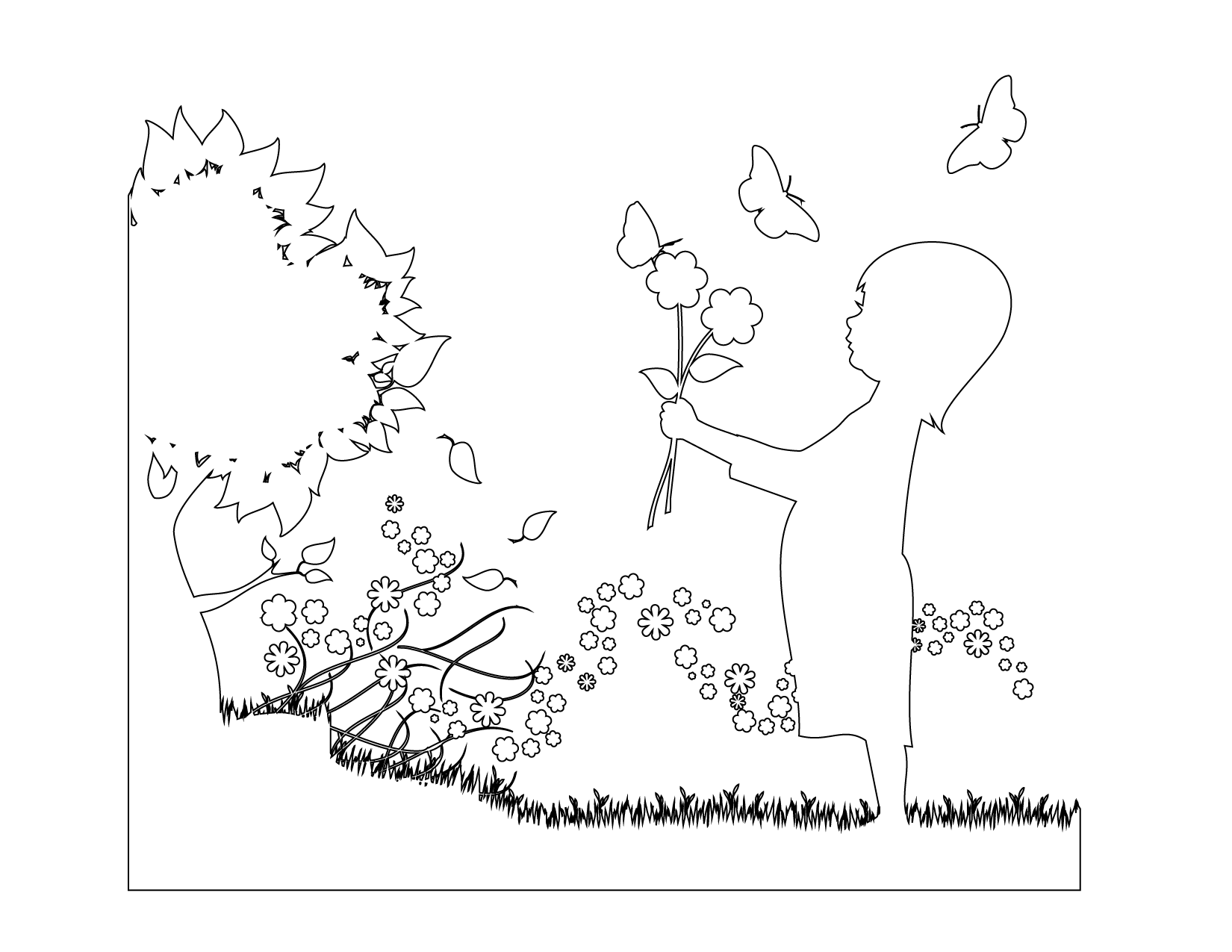 Girl With Flowers And Butterflies Outline Coloring Page