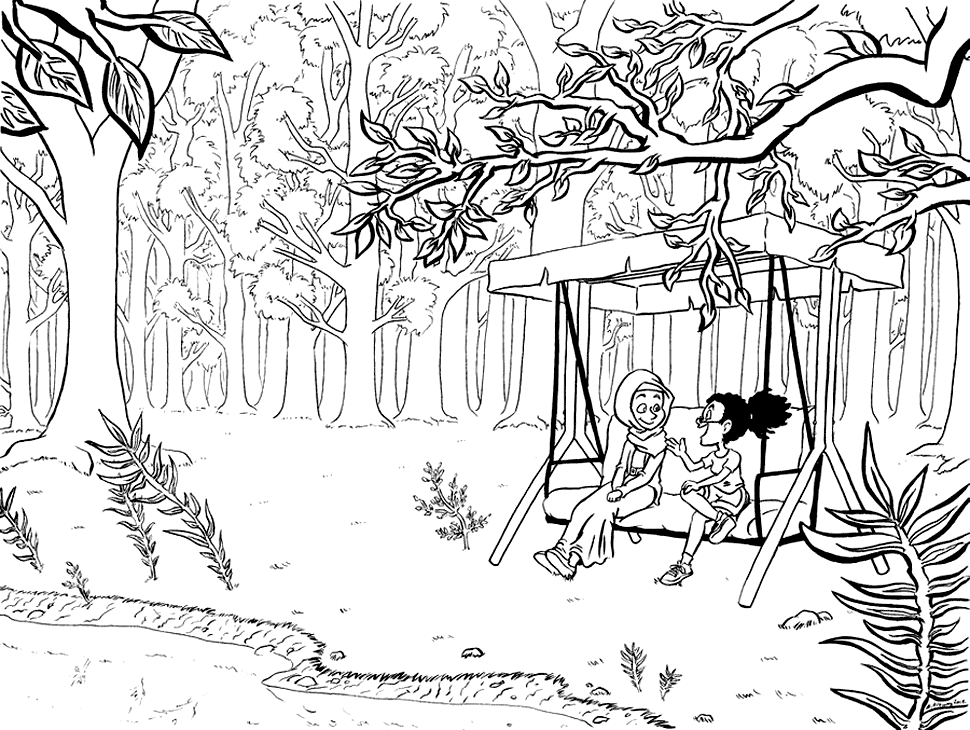 Girls Enjoying Cozy Spot In Forest Coloring Page