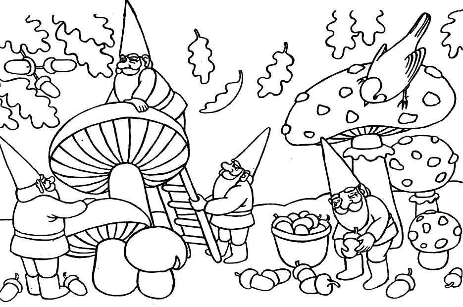 Gnomes Collecting Acorns Coloring Page