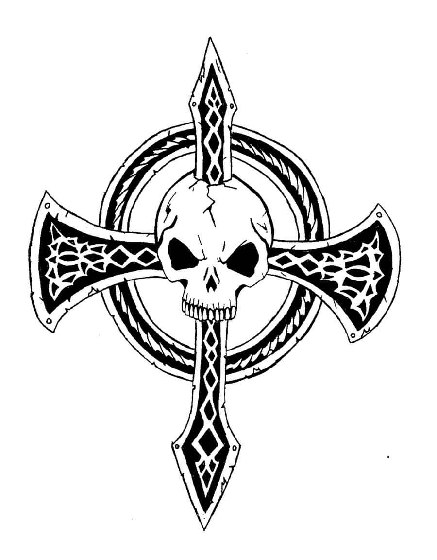 Gothic Cross With Skull Coloring Page